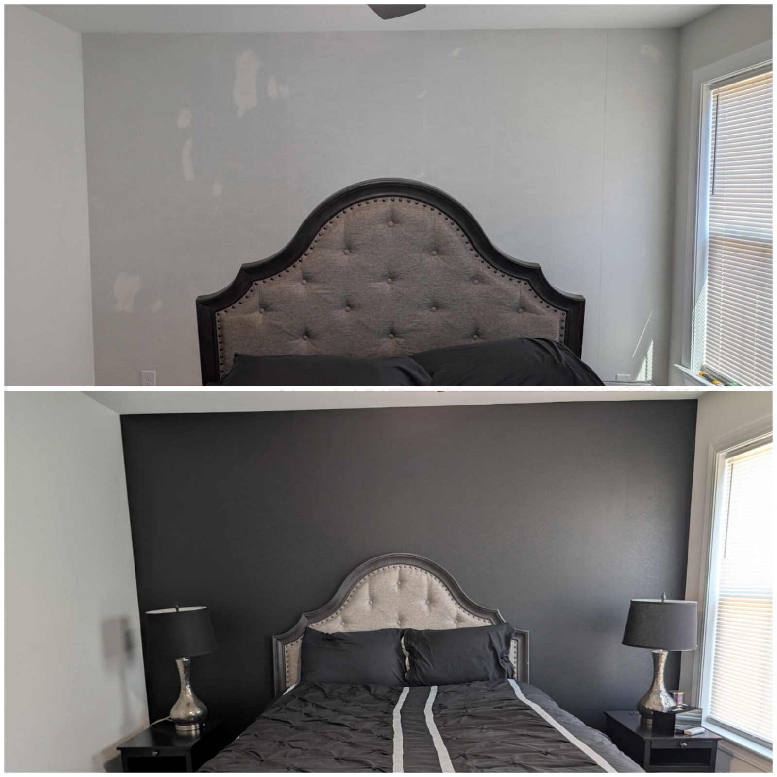 Bedroom accent wall before and after, repainted in deep charcoal