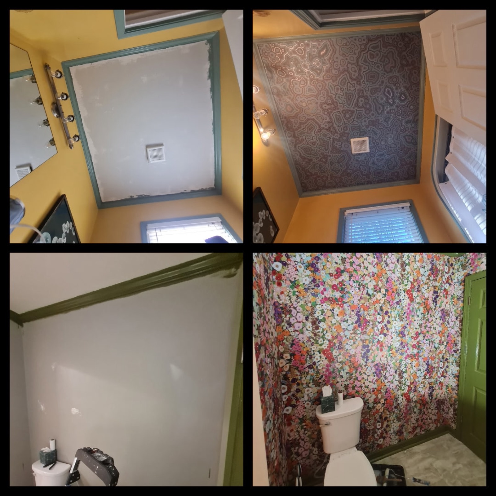 Bathrooms — papered ceiling and floral powder room