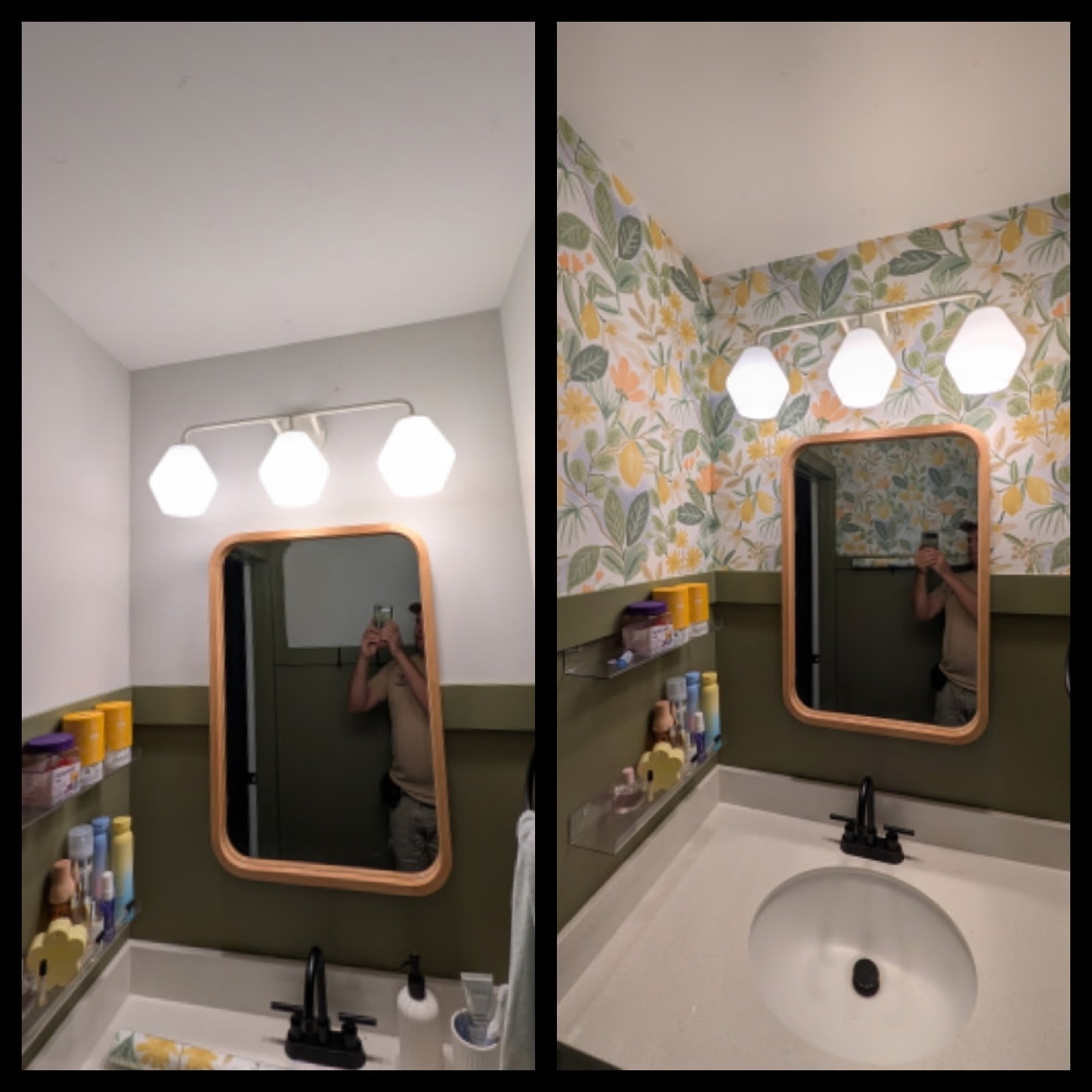 Bathroom with botanical wallpaper on the upper wall above painted wainscoting