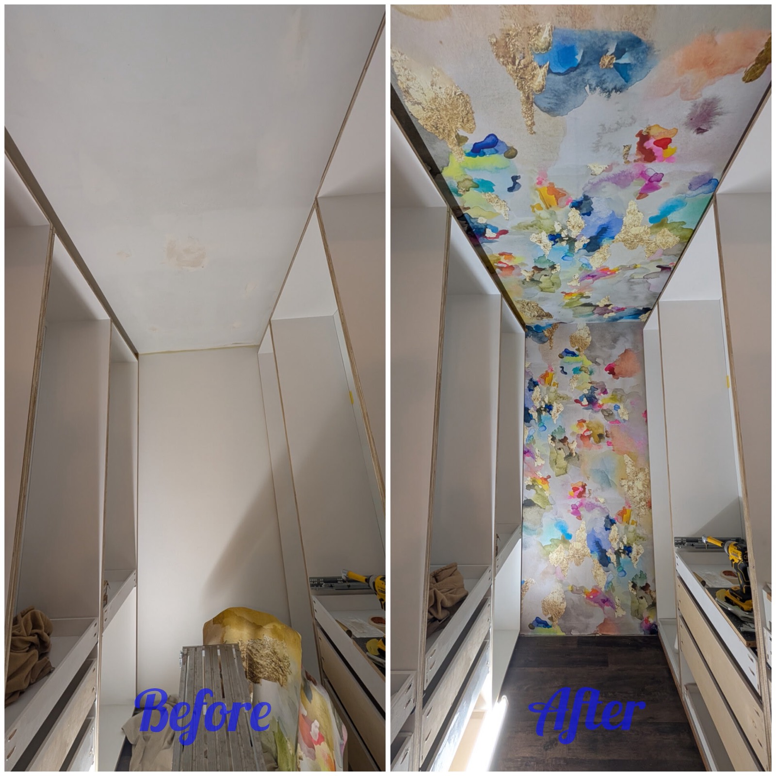 Watercolour and gold-leaf wallpaper on a closet wall and ceiling