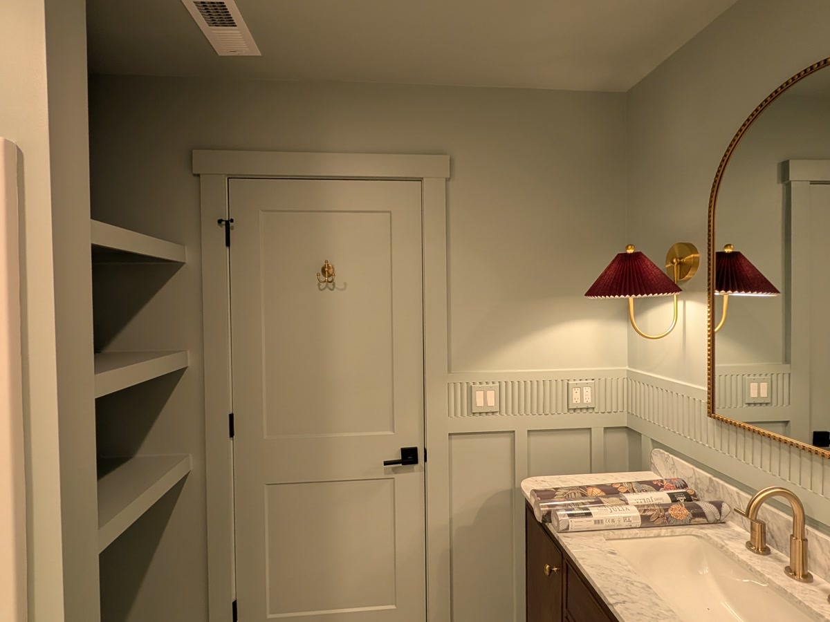 Before — guest bathroom wallpaper