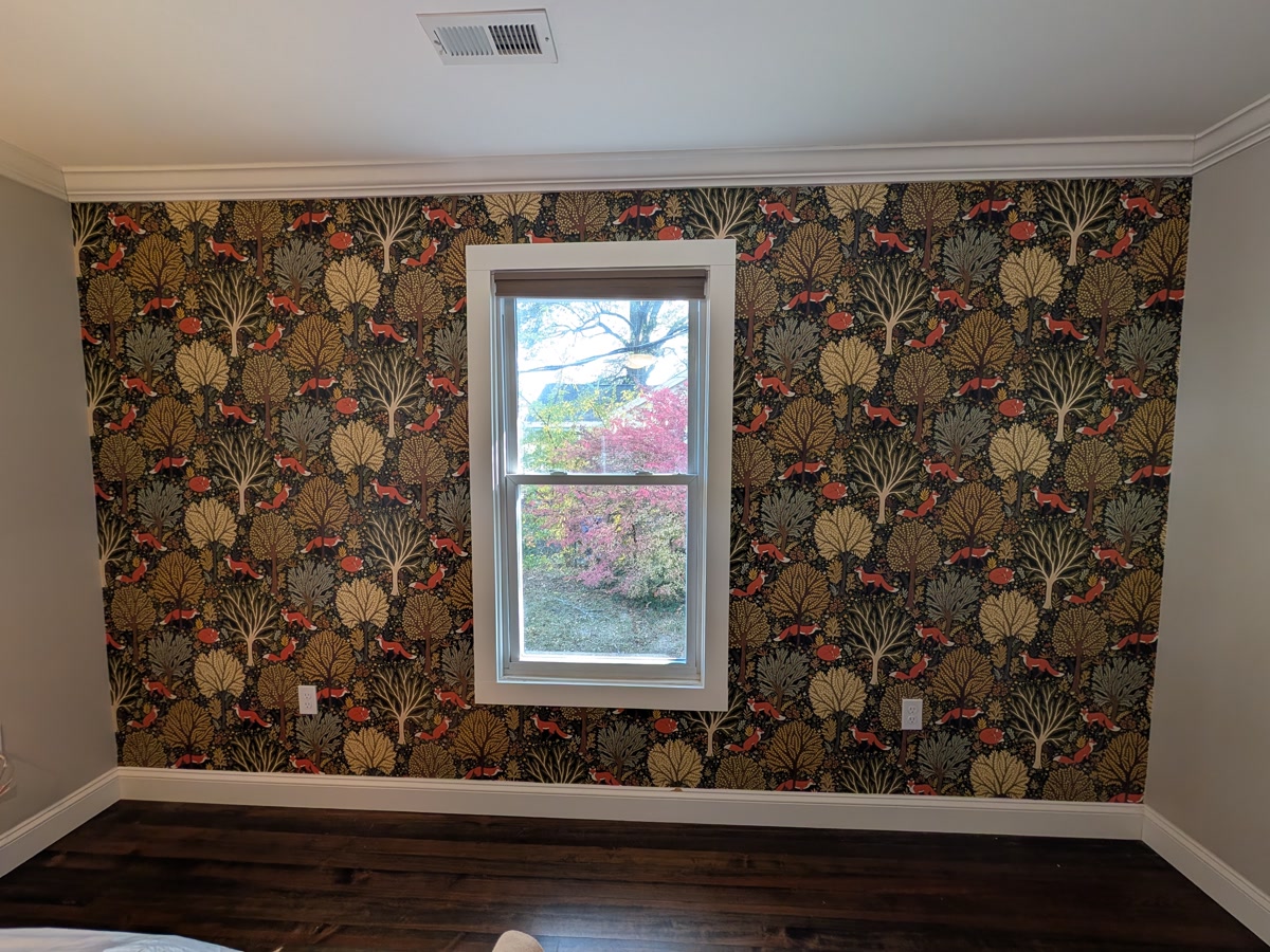Living room — woodland feature wall, cut in around the window