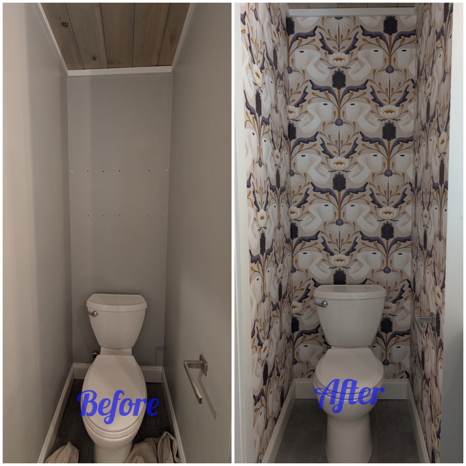 Powder room fully wrapped in patterned wallpaper